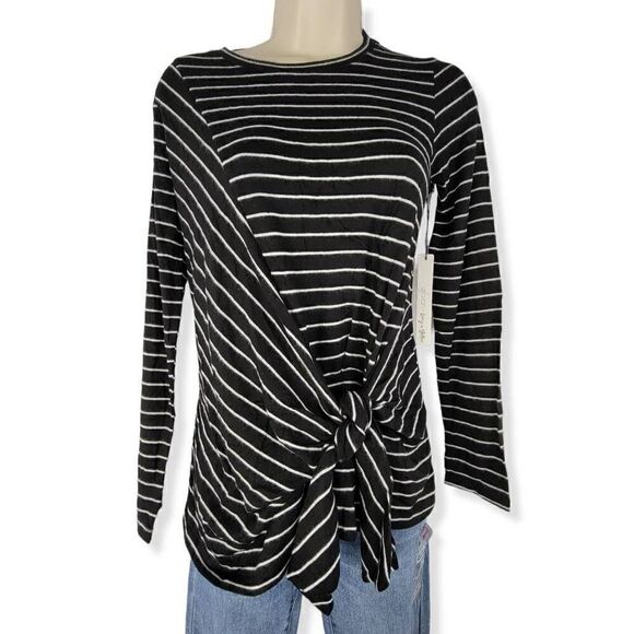 Gibson Striped Tie Front Fleece Sweater PXS - Picture 1 of 2